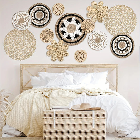 10Pcs Handcrafted Bohemian Style Wall Basket Decorative Woven Rattan Flat Wall Basket Decoration Bedroom Living Room Dining Room