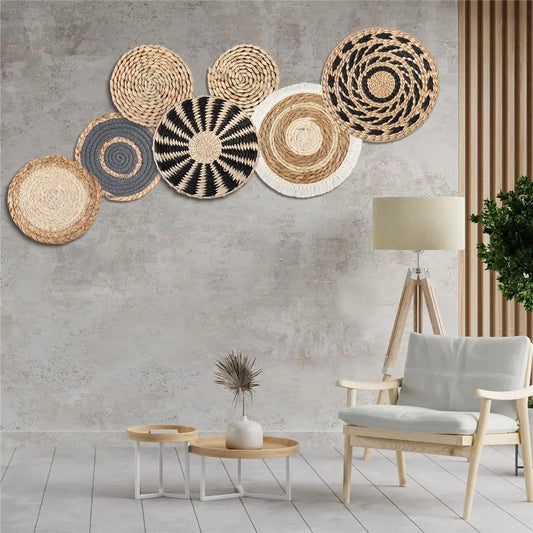 4/7PCS Boho Wall Baskets Seagrass Rattan Wicker Handmade Wall Art Room Decor Round Shape Hanging Wall Basket Home Decor