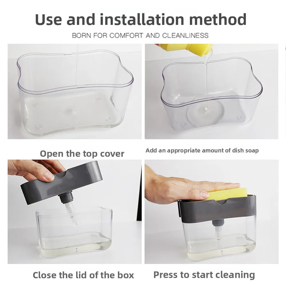Kitchen cleaning essentials: dishwashing dispenser, auto liquid box, pot/dish brush, scouring pad, pot cleaner