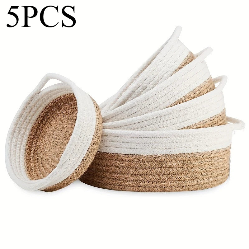 5pcs set of circular small baskets,hand woven baskets,toy storage baskets, fruits,remote controls,bathroom,table, key baskets