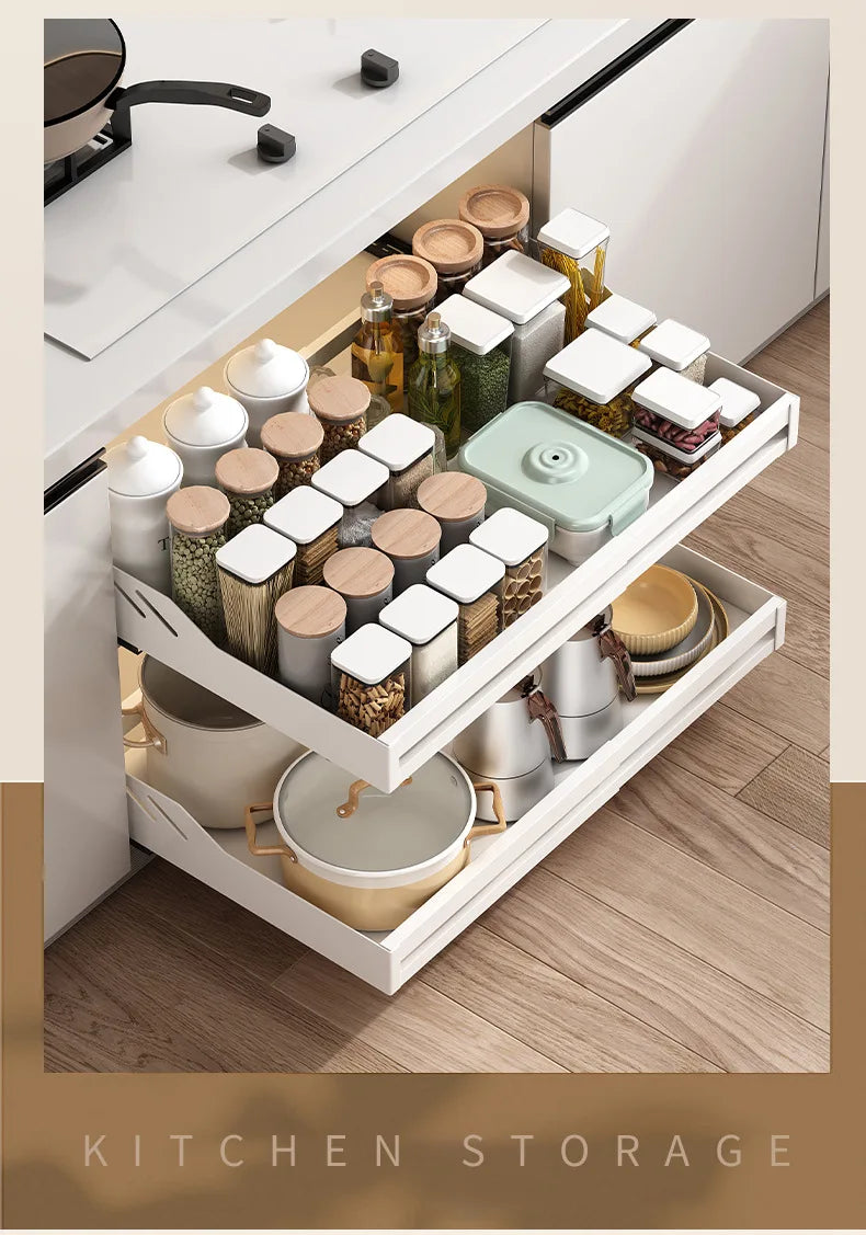 Kitchen Cabinet Basket With Slide Rails Drawer Type Bowl Dish Spice Box Storage Rack Scalable Shelf Bathroom Cabinets Organizer