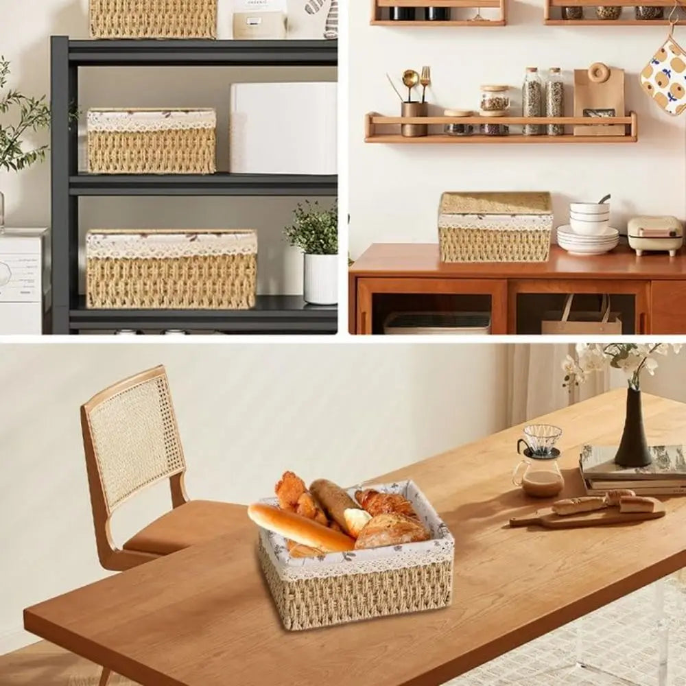 Hand Woven Wicker Storage Baskets Bohemia Hollow Out Decorative Bins Rectangular Portable Storage Basket Desk Decoration