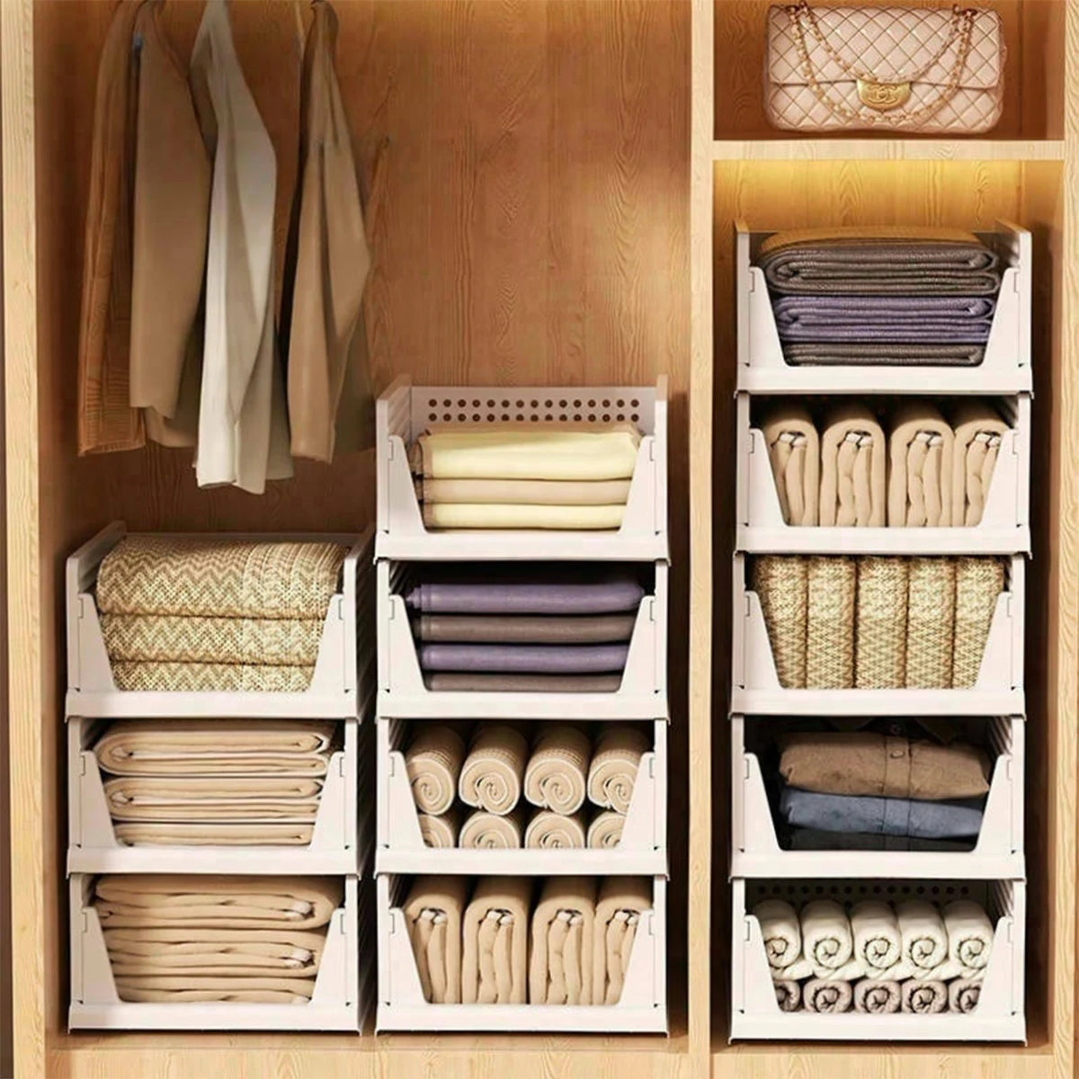 Stackable Folding Plastic Storage Baskets for Closet & Drawer Organization