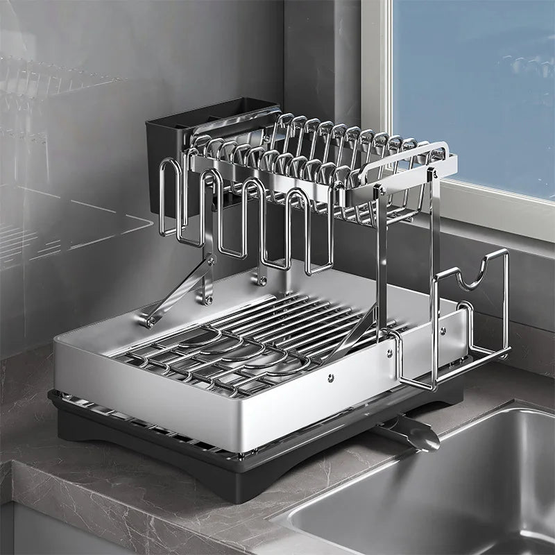 Kitchen Stainless Steel Dish Drainer Chopsticks Knives Forks and Cup Organizer Countertop ShelvesFoldable Multifunctional Rack
