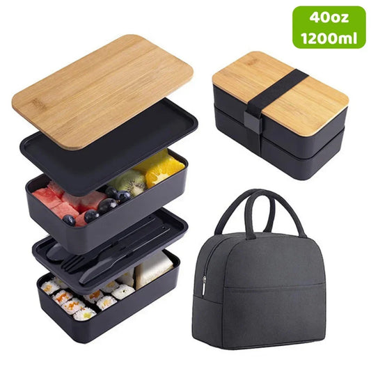 2-Tier Bento Lunch Box with Cutlery — Microwave & Dishwasher Safe