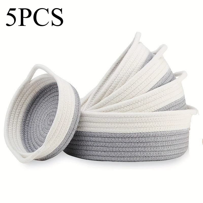 5pcs set of circular small baskets,hand woven baskets,toy storage baskets, fruits,remote controls,bathroom,table, key baskets