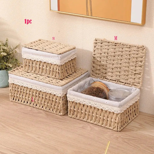 Hand Woven Wicker Storage Baskets Bohemia Hollow Out Decorative Bins Rectangular Portable Storage Basket Desk Decoration