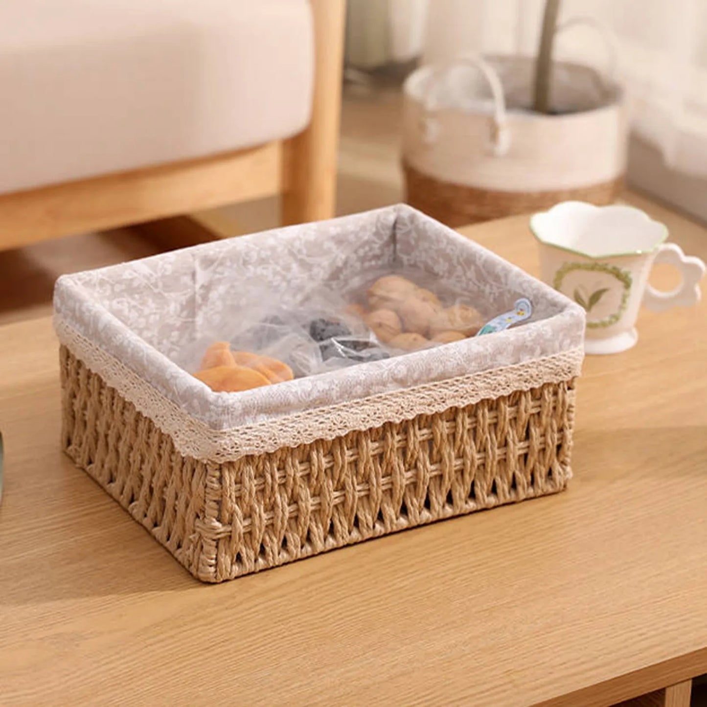 Bohemian Woven Rattan Storage Basket - Multi-Purpose Desktop Organizer for Cosmetics, Snacks & Natural Fiber Décor