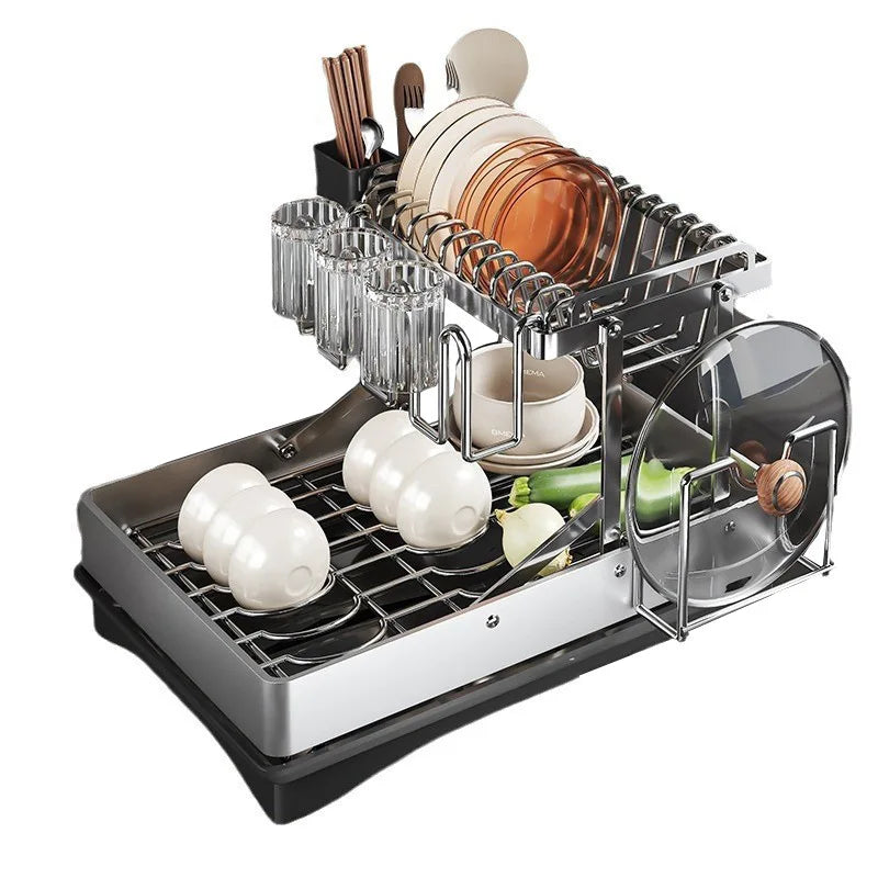 Kitchen Stainless Steel Dish Drainer Chopsticks Knives Forks and Cup Organizer Countertop ShelvesFoldable Multifunctional Rack