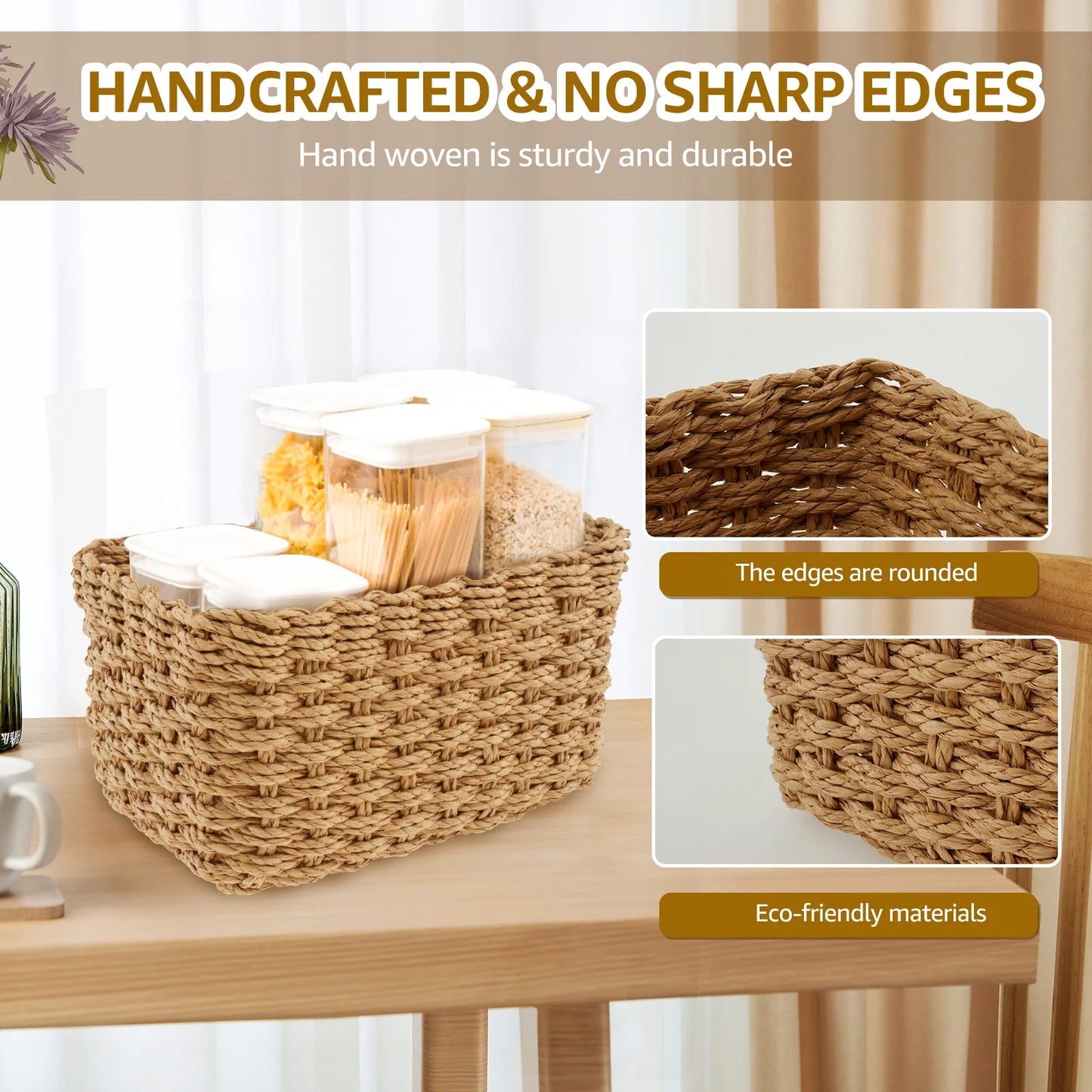 3Pcs Grass Woven Storage Baskets Decorative Woven Baskets for Storage Multifunctional Picnic Basket Fruit Cosmetic Storage Box