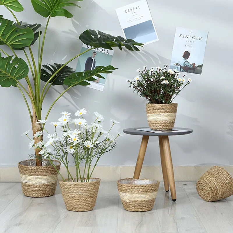 Handwoven Straw Plant Basket — Natural Indoor & Outdoor Planter Cover