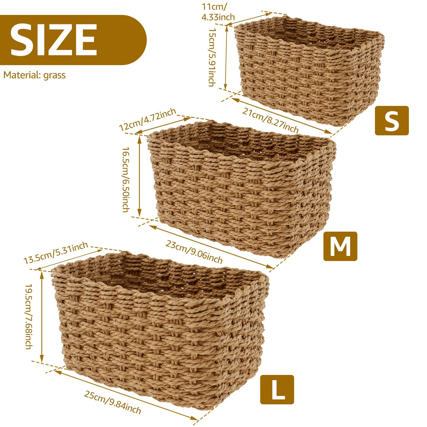 3Pcs Grass Woven Storage Baskets Decorative Woven Baskets for Storage Multifunctional Picnic Basket Fruit Cosmetic Storage Box