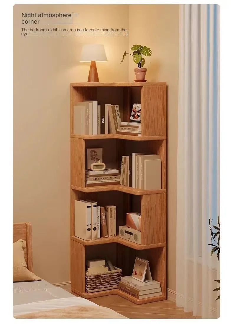 Solid wood corner bookshelf rack floor home living room corner multi-layer storage simple storage cabinet