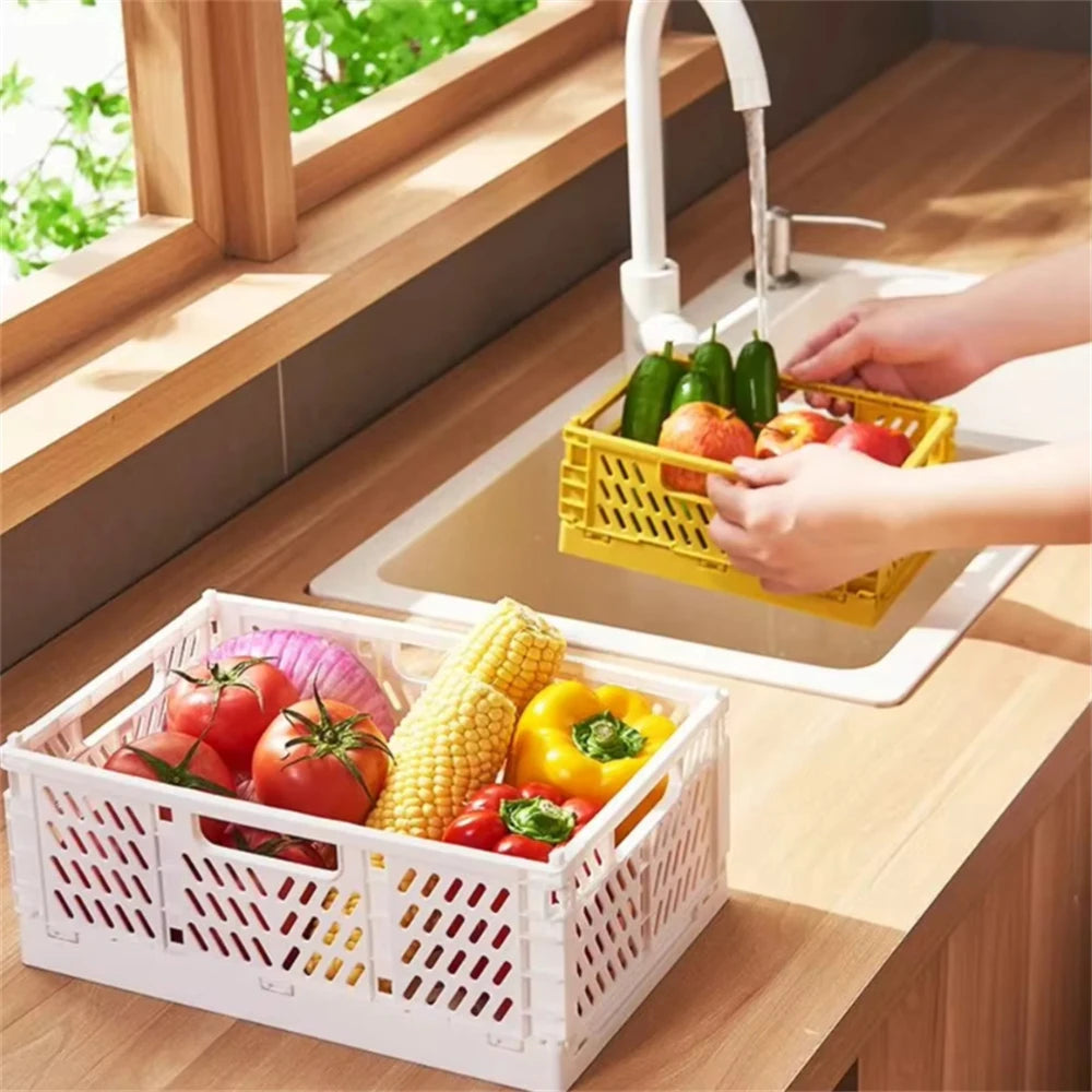 Foldable Plastic Storage Basket with Handles for Home Organization