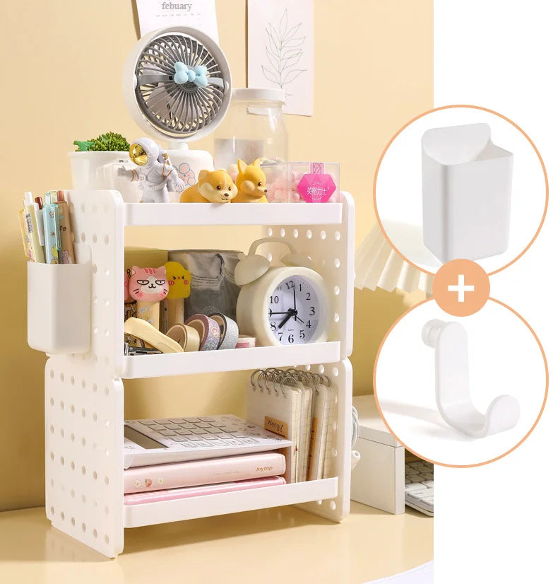 3-Tier Desktop Organizer Shelf with Pegboard – Modular Desk Storage Rack with Hooks & Compartments