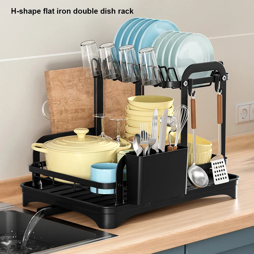 Kitchen Dish Storage Rack Multifunctional Countertop Organizer with Drainer for Bowls and Utensils Space Saving Home Essentials