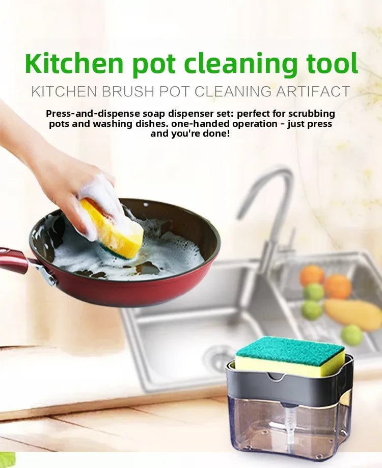 Kitchen cleaning essentials: dishwashing dispenser, auto liquid box, pot/dish brush, scouring pad, pot cleaner