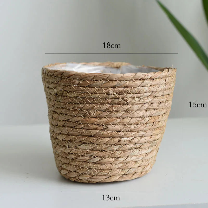Handwoven Straw Plant Basket — Natural Indoor & Outdoor Planter Cover