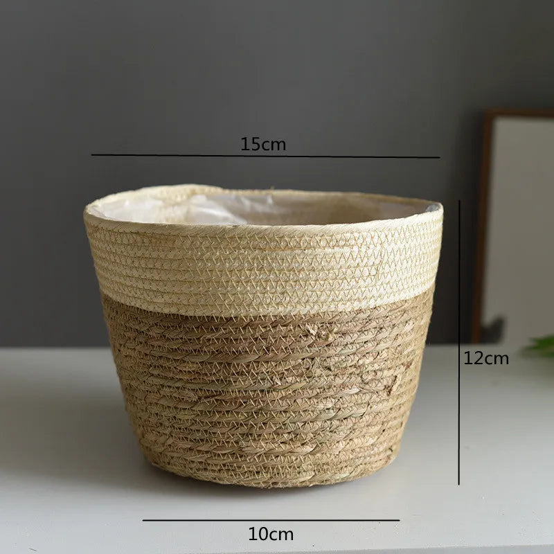 Handwoven Straw Plant Basket — Natural Indoor & Outdoor Planter Cover