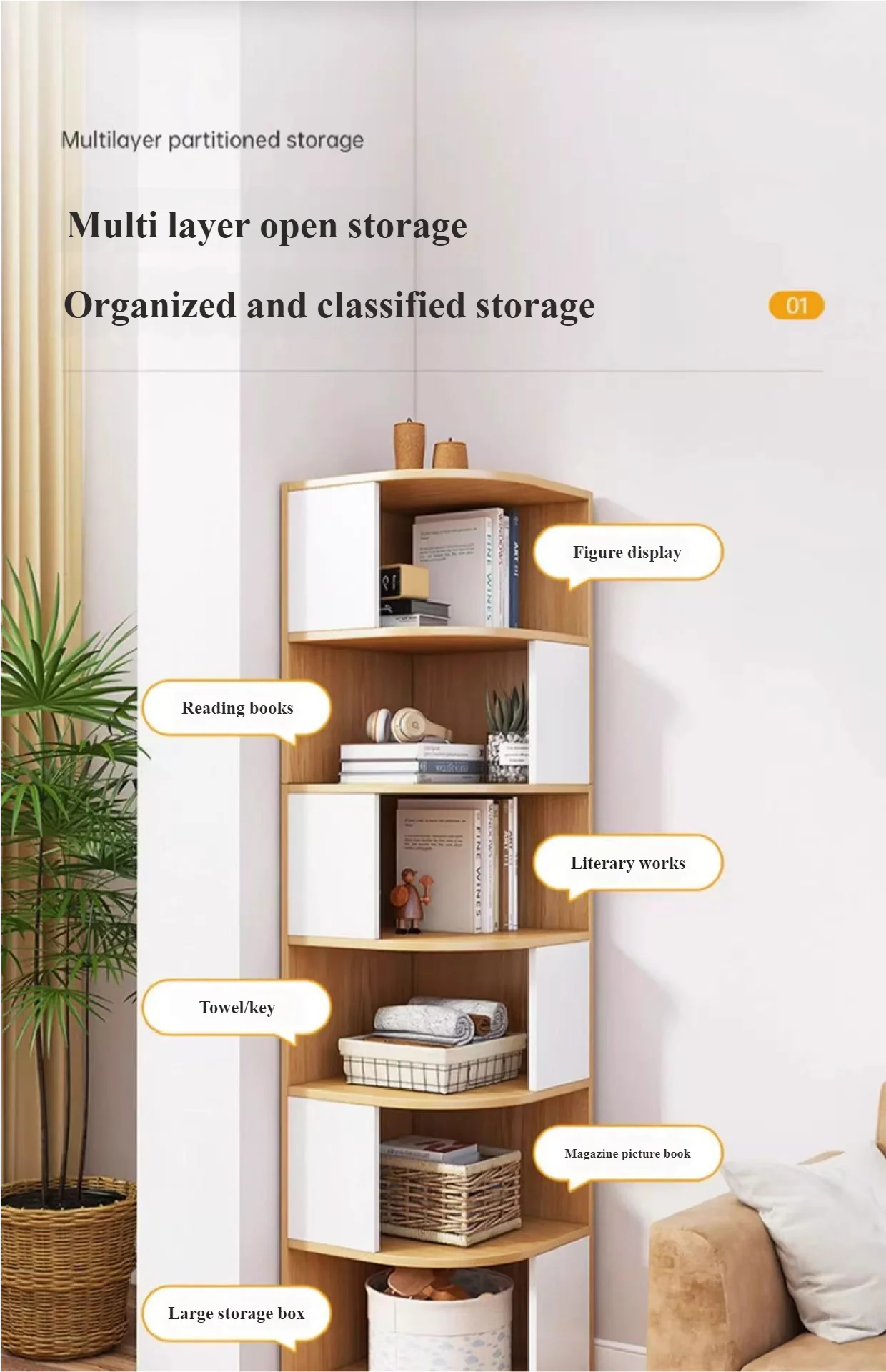 Solid Wood Wall-Mounted Corner Shelf Unit Narrow Bookshelf with Storage Space-Saving Design for Small Living Room & Home Office