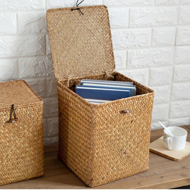 Grass Storage Basket Woven Organizer Baskets Decorative Large Capacity Bedroom Basket Luxury Toys Organizers Baskets with Lid