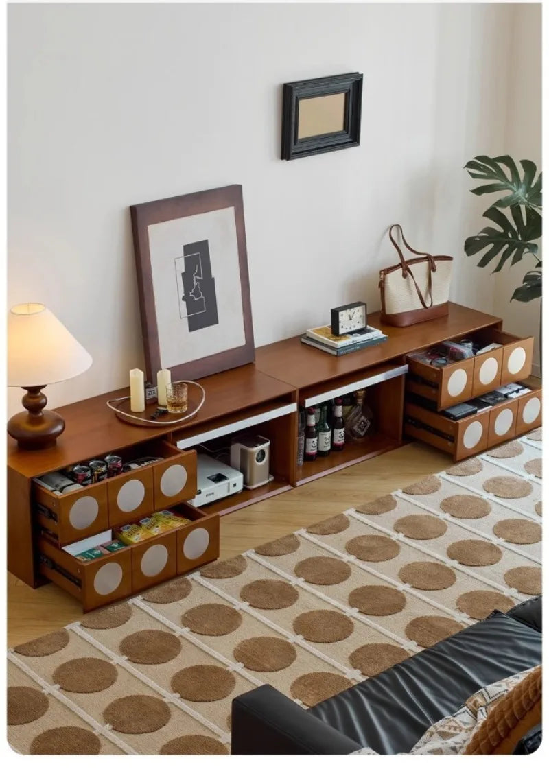 Retro Solid Wood Combination TV Cabinet Living Room Storage Lockers French Floor Bedroom Bedside Storage Cabinet Can Stacked