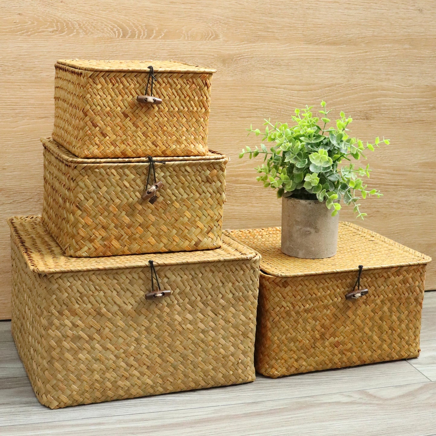 Set of 4 Seagrass Basket with Lid Wicker Storage Basket Decor Storage Boxes Flat Storage Bins Woven Organizer Baskets for Shelf