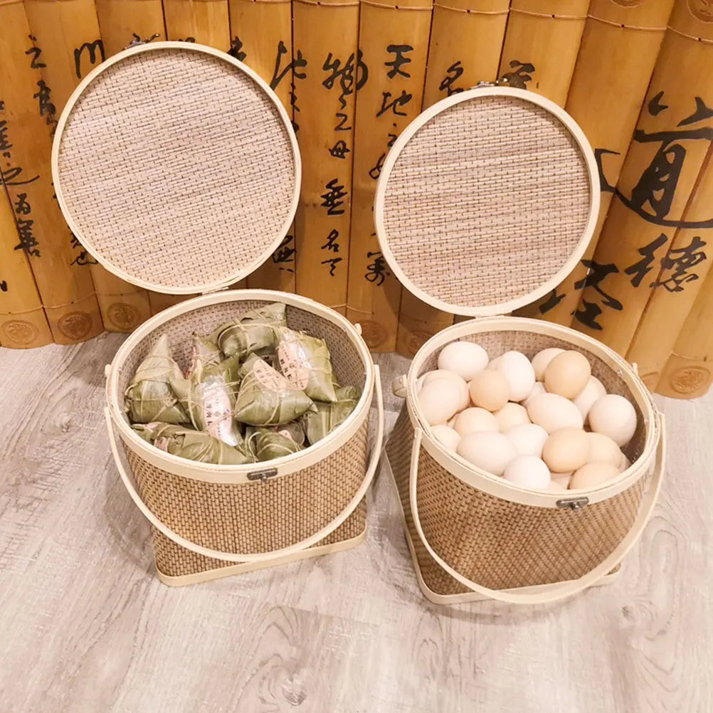 Bamboo Woven Storage Basket Flower Fruit Sundries Handle Basket Picnic Hamper Kitchen Organizer Home Decoration