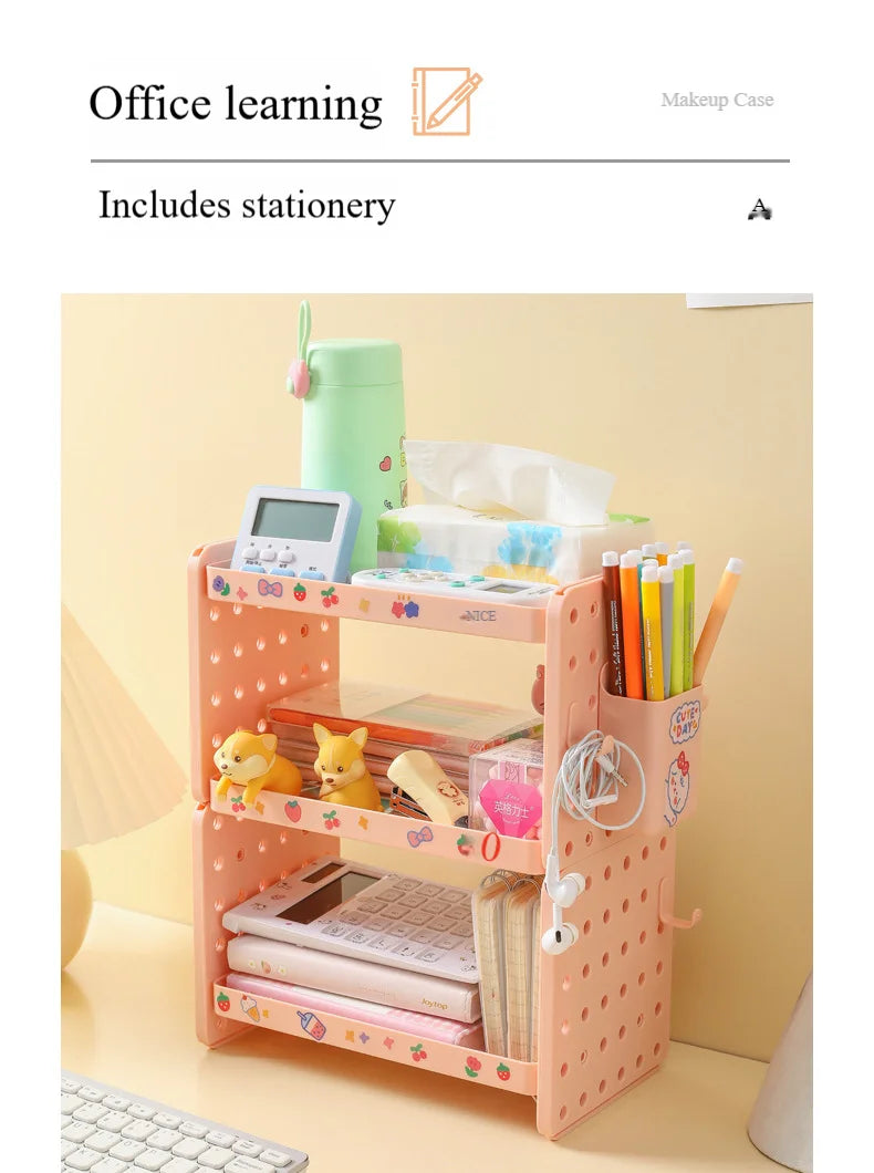 3-Tier Desktop Organizer Shelf with Pegboard – Modular Desk Storage Rack with Hooks & Compartments