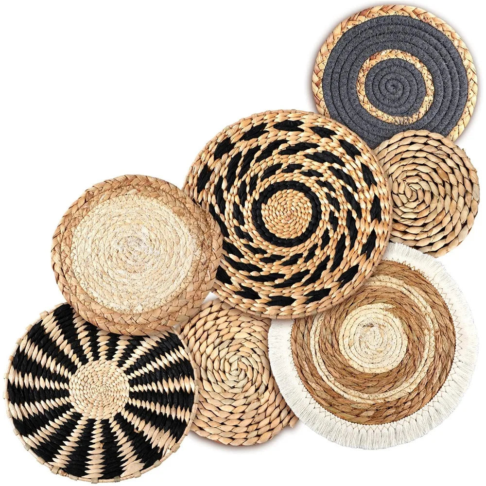 4/7PCS Boho Wall Baskets Seagrass Rattan Wicker Handmade Wall Art Room Decor Round Shape Hanging Wall Basket Home Decor