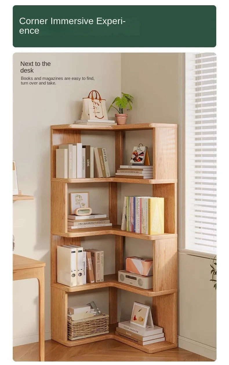 Solid wood corner bookshelf rack floor home living room corner multi-layer storage simple storage cabinet