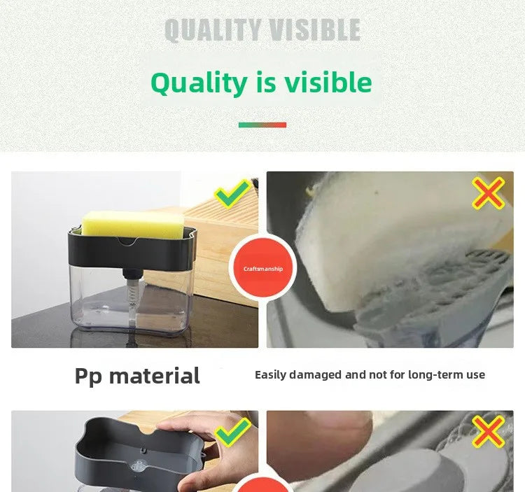 Kitchen cleaning essentials: dishwashing dispenser, auto liquid box, pot/dish brush, scouring pad, pot cleaner