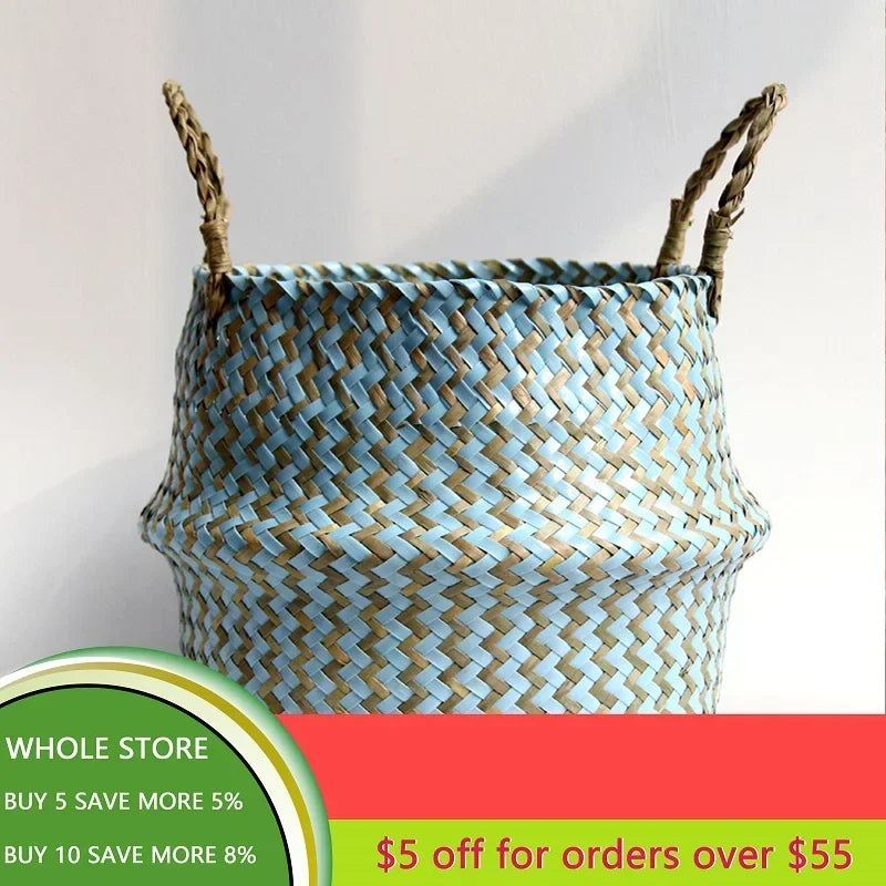 Home Cestas Mimbre Striped Wicker Storage Baskets Laundry Basket Handmade Collapsible Straw Patchwork Seagrass Osier Panier