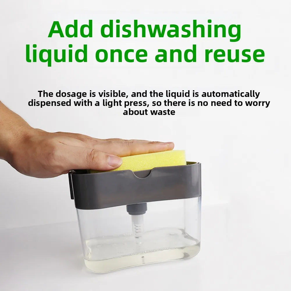Kitchen cleaning essentials: dishwashing dispenser, auto liquid box, pot/dish brush, scouring pad, pot cleaner