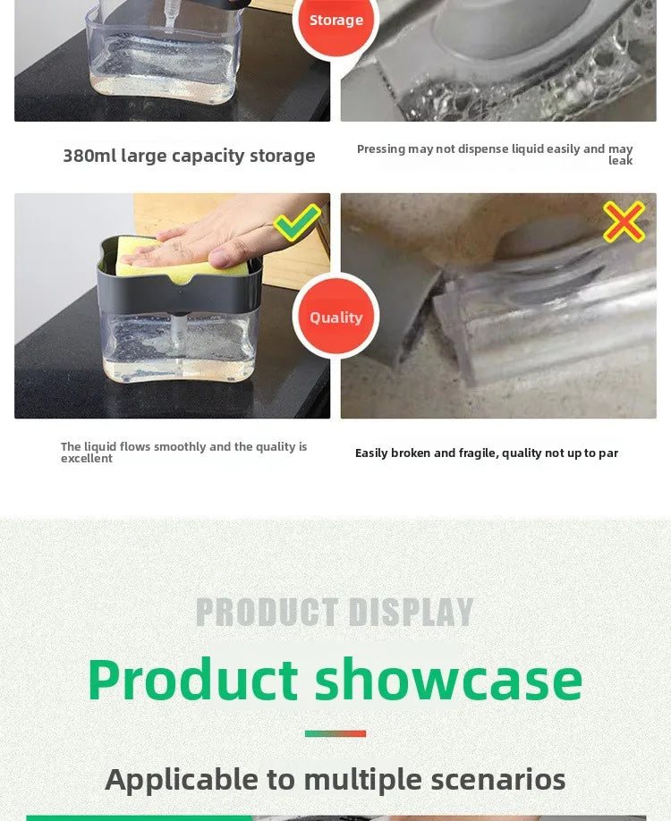 Kitchen cleaning essentials: dishwashing dispenser, auto liquid box, pot/dish brush, scouring pad, pot cleaner