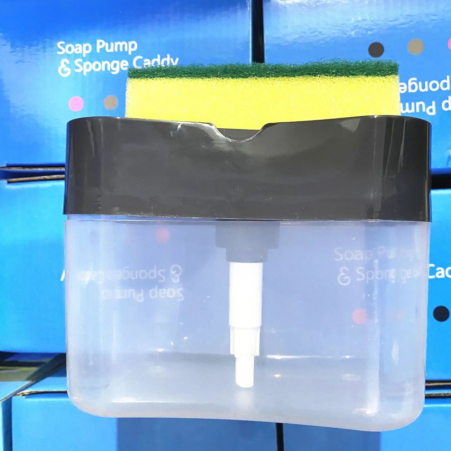 Kitchen cleaning essentials: dishwashing dispenser, auto liquid box, pot/dish brush, scouring pad, pot cleaner