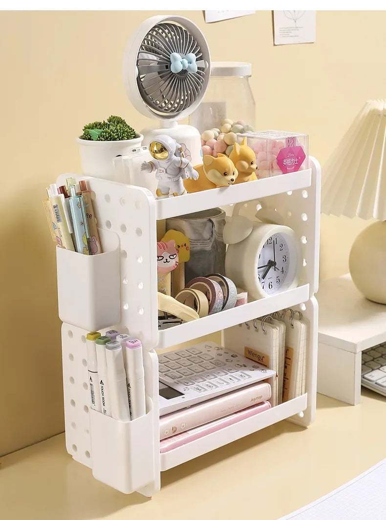 3-Tier Desktop Organizer Shelf with Pegboard – Modular Desk Storage Rack with Hooks & Compartments