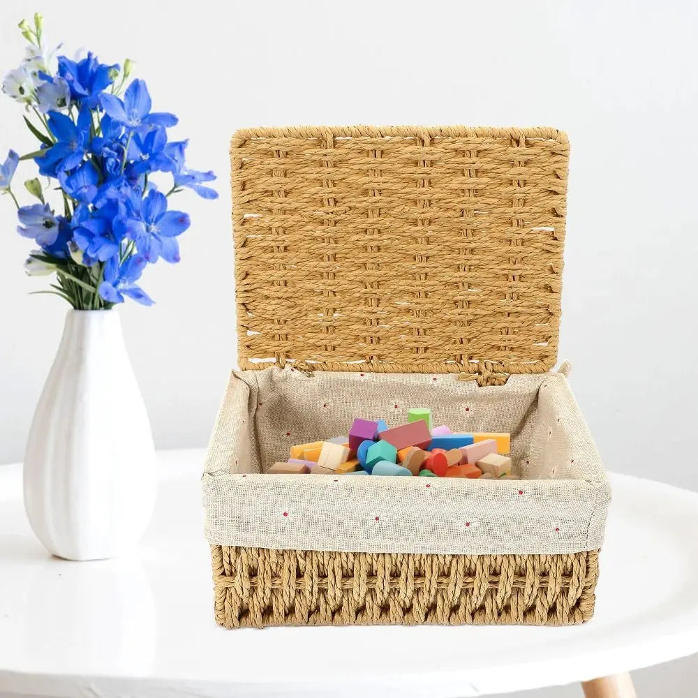 Hand Woven Wicker Storage Baskets Bohemia Hollow Out Decorative Bins Rectangular Portable Storage Basket Desk Decoration