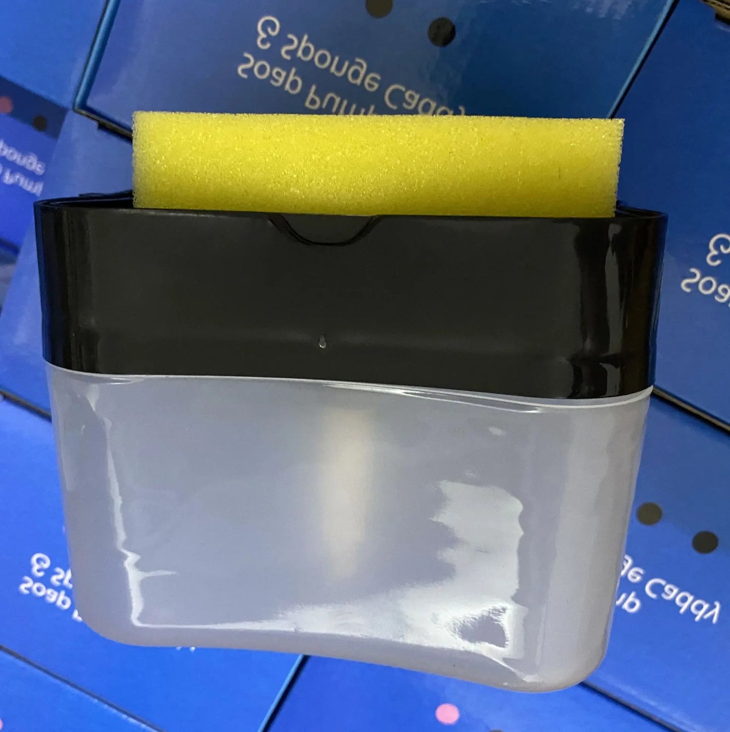 Kitchen cleaning essentials: dishwashing dispenser, auto liquid box, pot/dish brush, scouring pad, pot cleaner