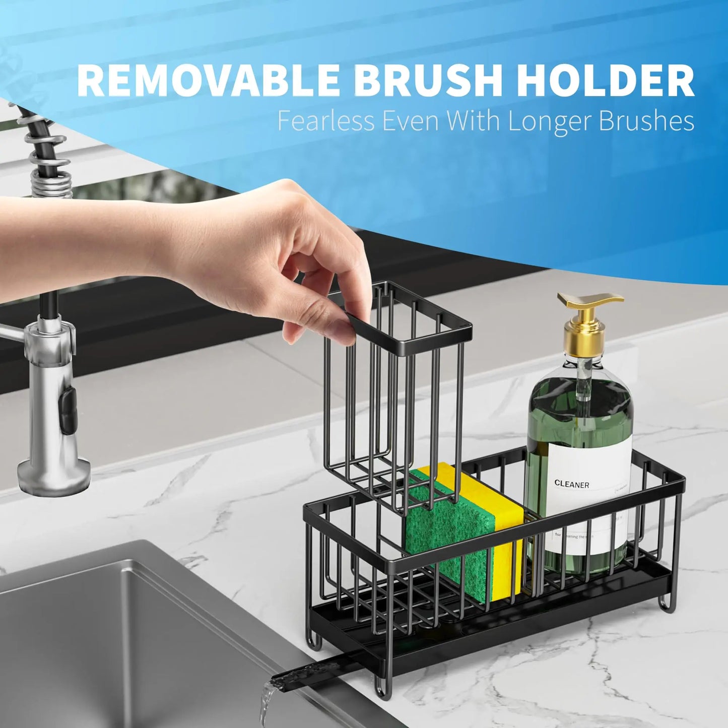 Kitchen Sink Sponge Holder with High Brush Rack, Essential Countertop Storage Organizer, Must-Have Kitchen Accessories