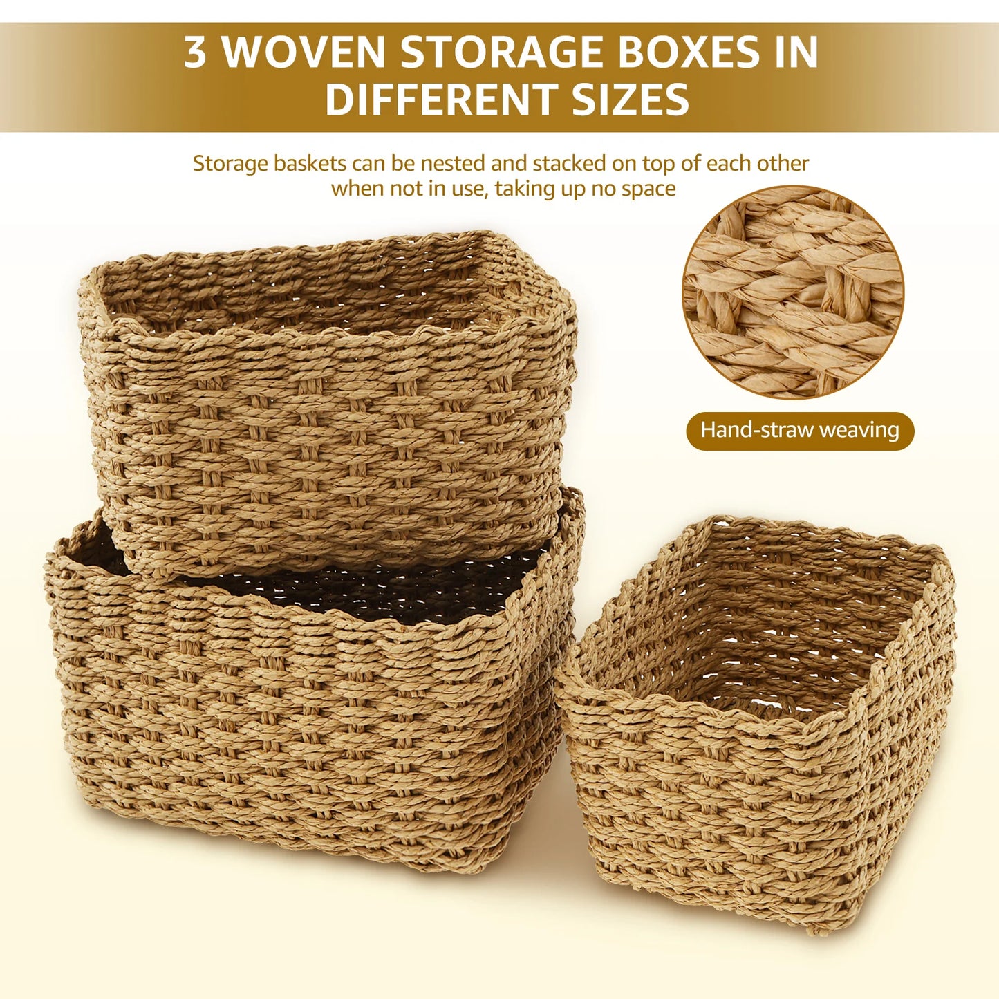 3Pcs Grass Woven Storage Baskets Decorative Woven Baskets for Storage Multifunctional Picnic Basket Fruit Cosmetic Storage Box