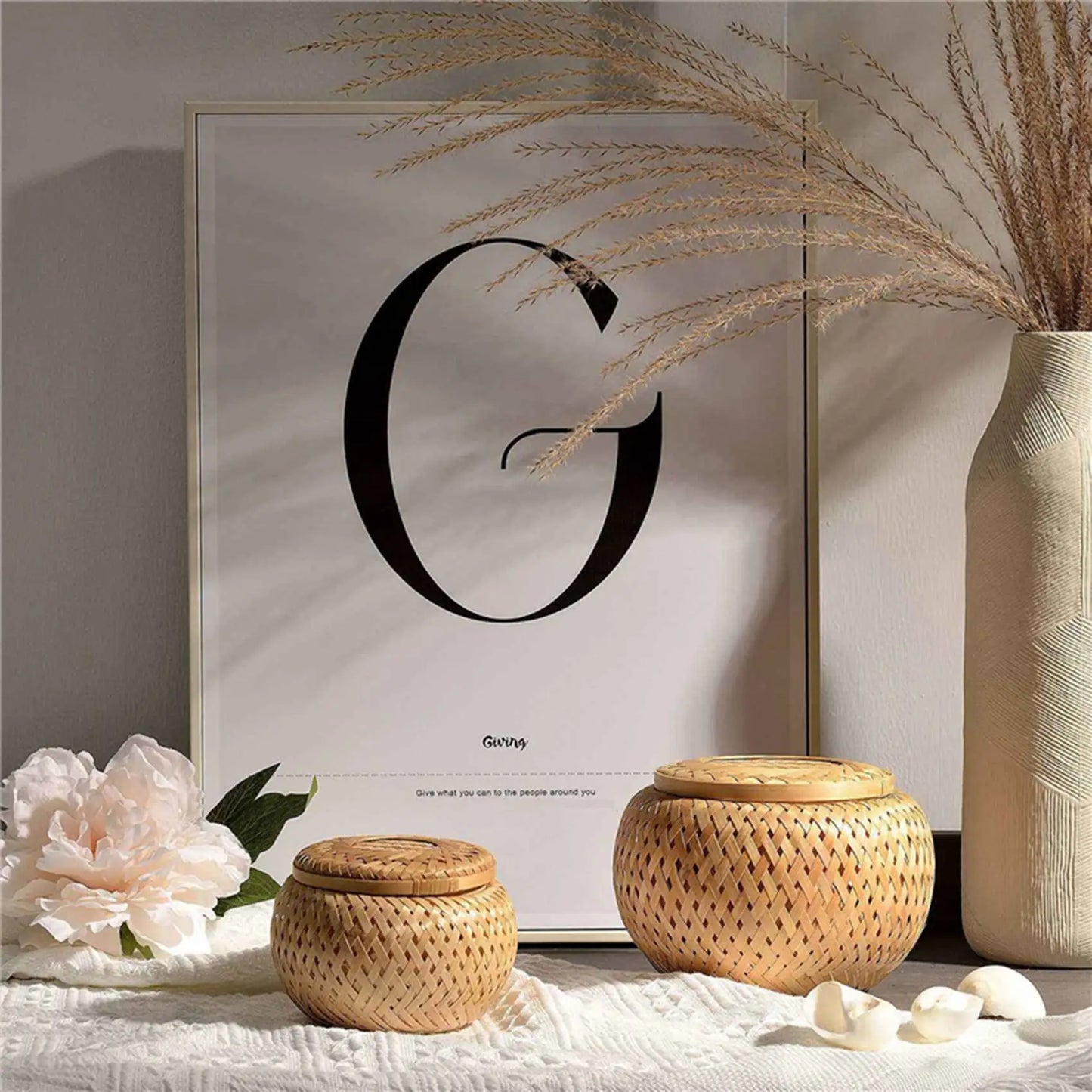 Y51A-Set Of 4 Small Decorative Bamboo Baskets With Lid For Storing Small Items Handmade And Braided Bamboo Storage Box