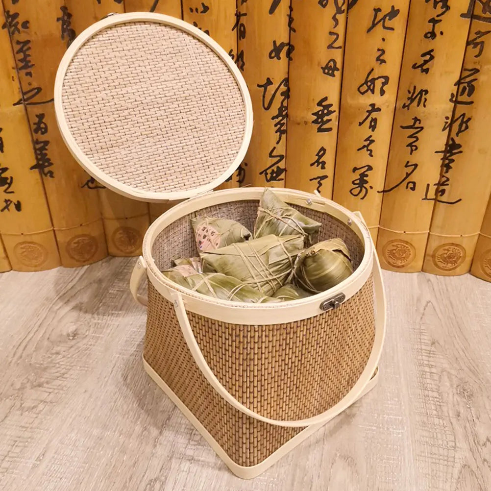 Bamboo Woven Storage Basket Flower Fruit Sundries Handle Basket Picnic Hamper Kitchen Organizer Home Decoration