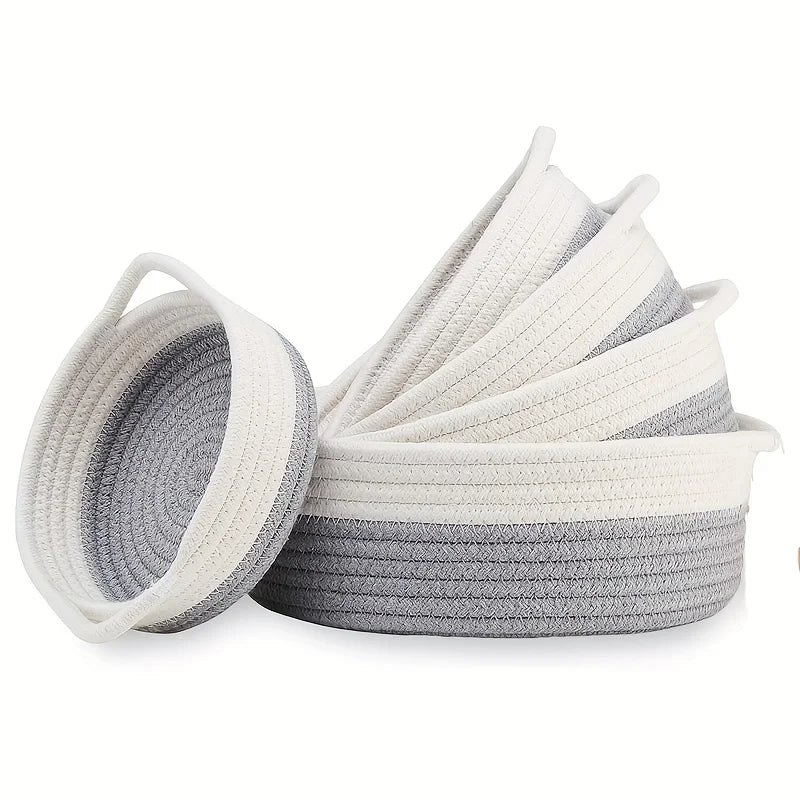 5pcs set of circular small baskets,hand woven baskets,toy storage baskets, fruits,remote controls,bathroom,table, key baskets