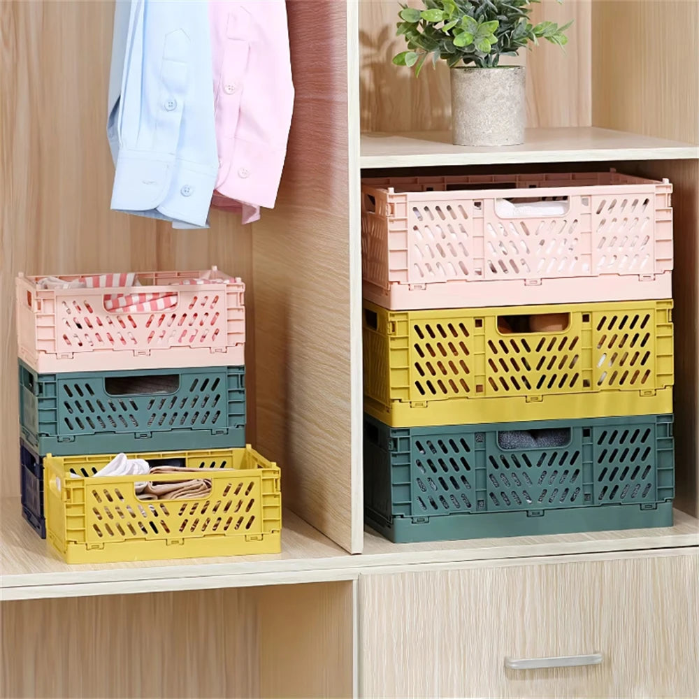 Foldable Plastic Storage Basket with Handles for Home Organization