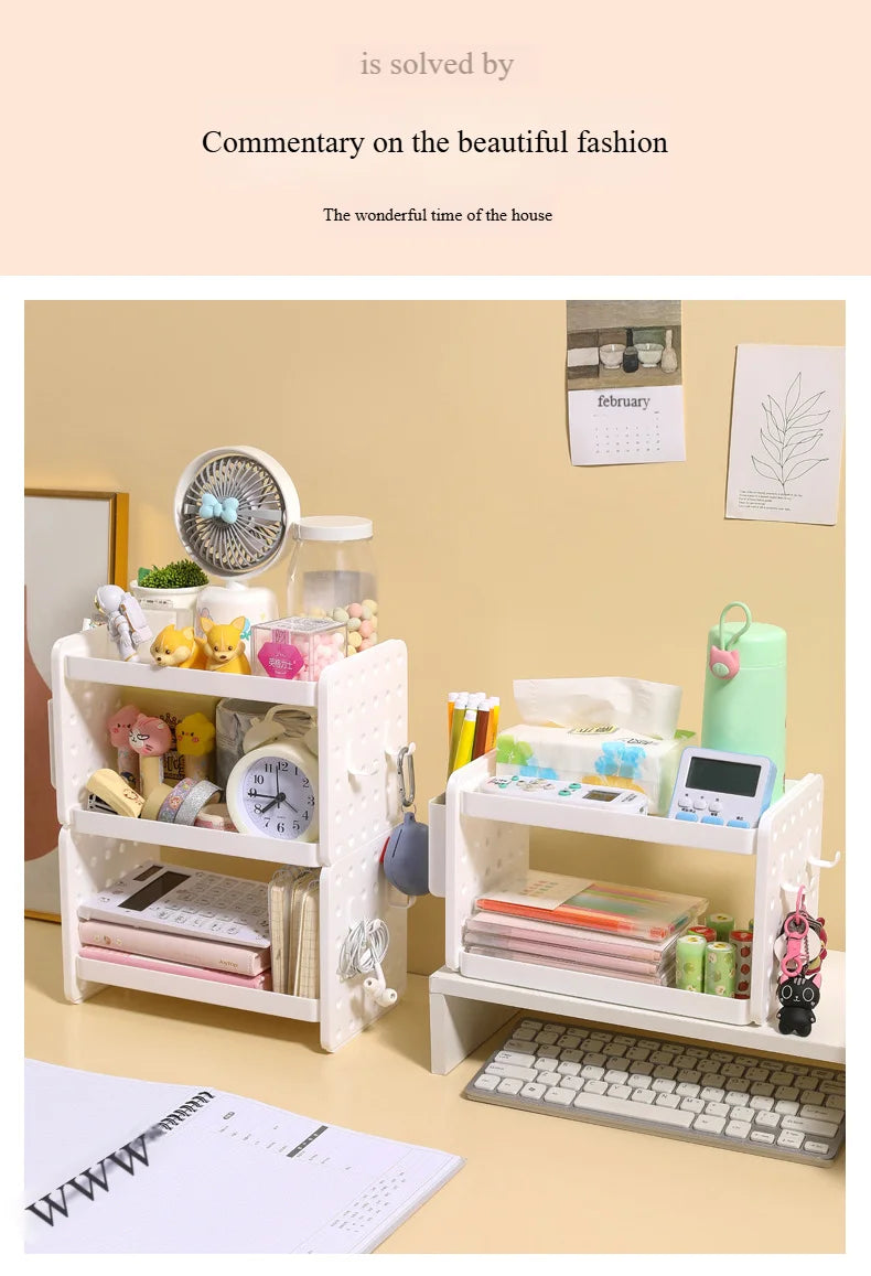 3-Tier Desktop Organizer Shelf with Pegboard – Modular Desk Storage Rack with Hooks & Compartments