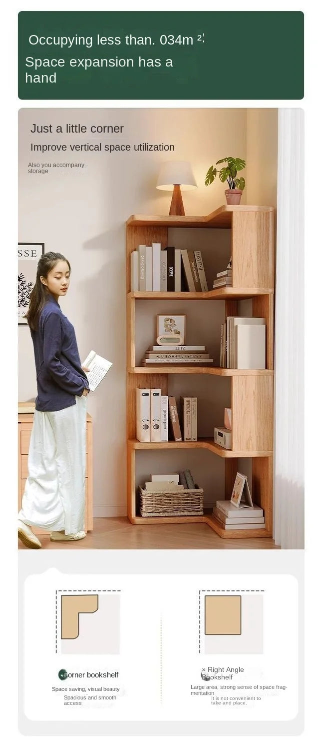 Solid wood corner bookshelf rack floor home living room corner multi-layer storage simple storage cabinet