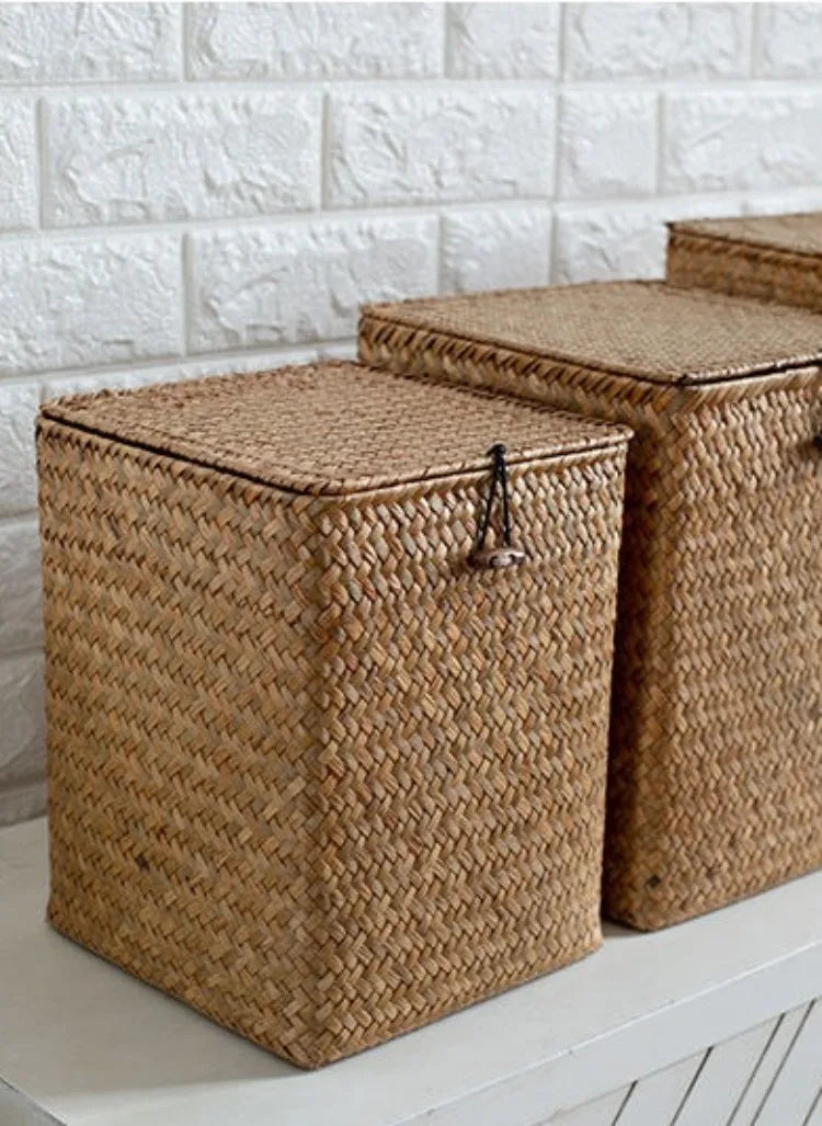 Grass Storage Basket Woven Organizer Baskets Decorative Large Capacity Bedroom Basket Luxury Toys Organizers Baskets with Lid