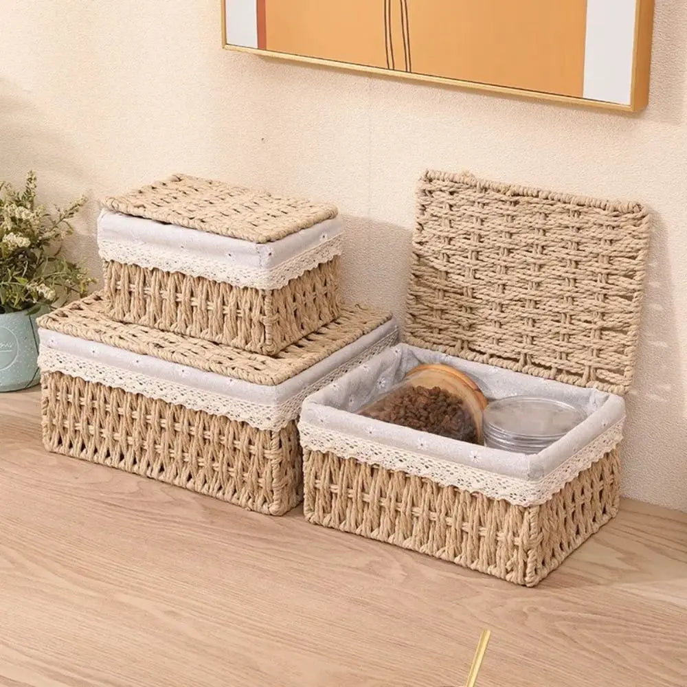 Hand Woven Wicker Storage Baskets Bohemia Hollow Out Decorative Bins Rectangular Portable Storage Basket Desk Decoration