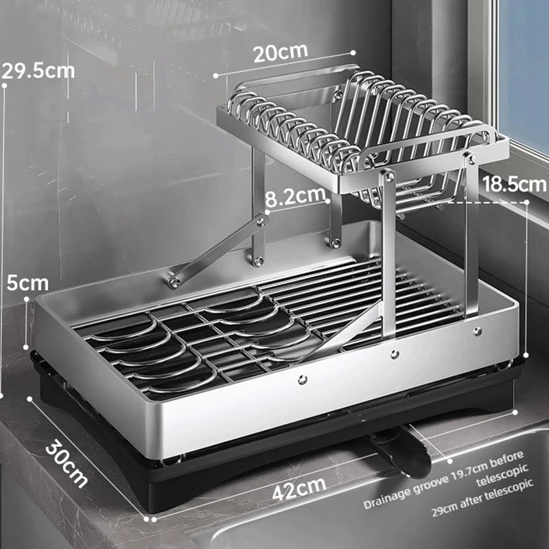 Kitchen Stainless Steel Dish Drainer Chopsticks Knives Forks and Cup Organizer Countertop ShelvesFoldable Multifunctional Rack